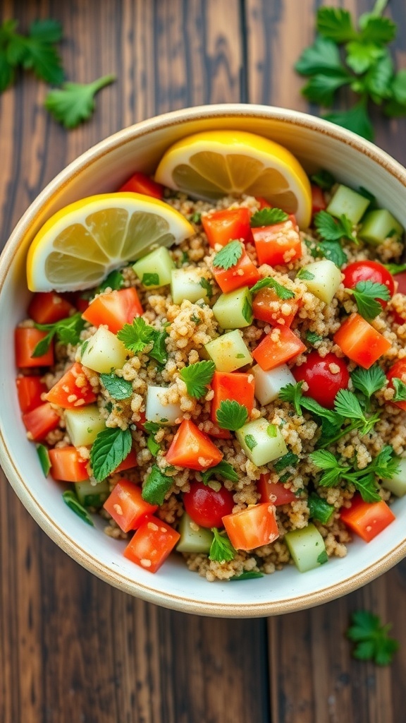 A colorful quinoa tabouli salad with parsley, mint, tomatoes, and cucumbers in a bowl on a wooden table.